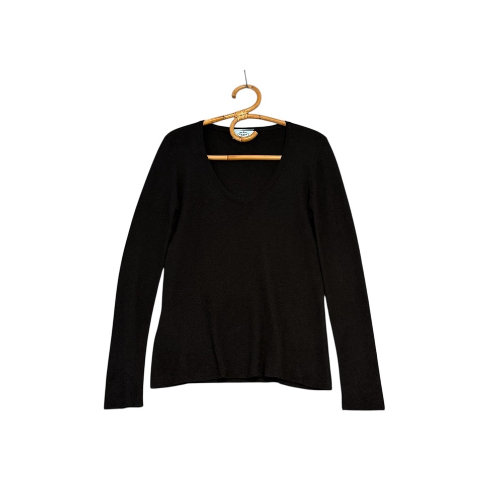 Prada | Black Scoop Neck Cashmere Silk Fine Knit Sweater Size 42